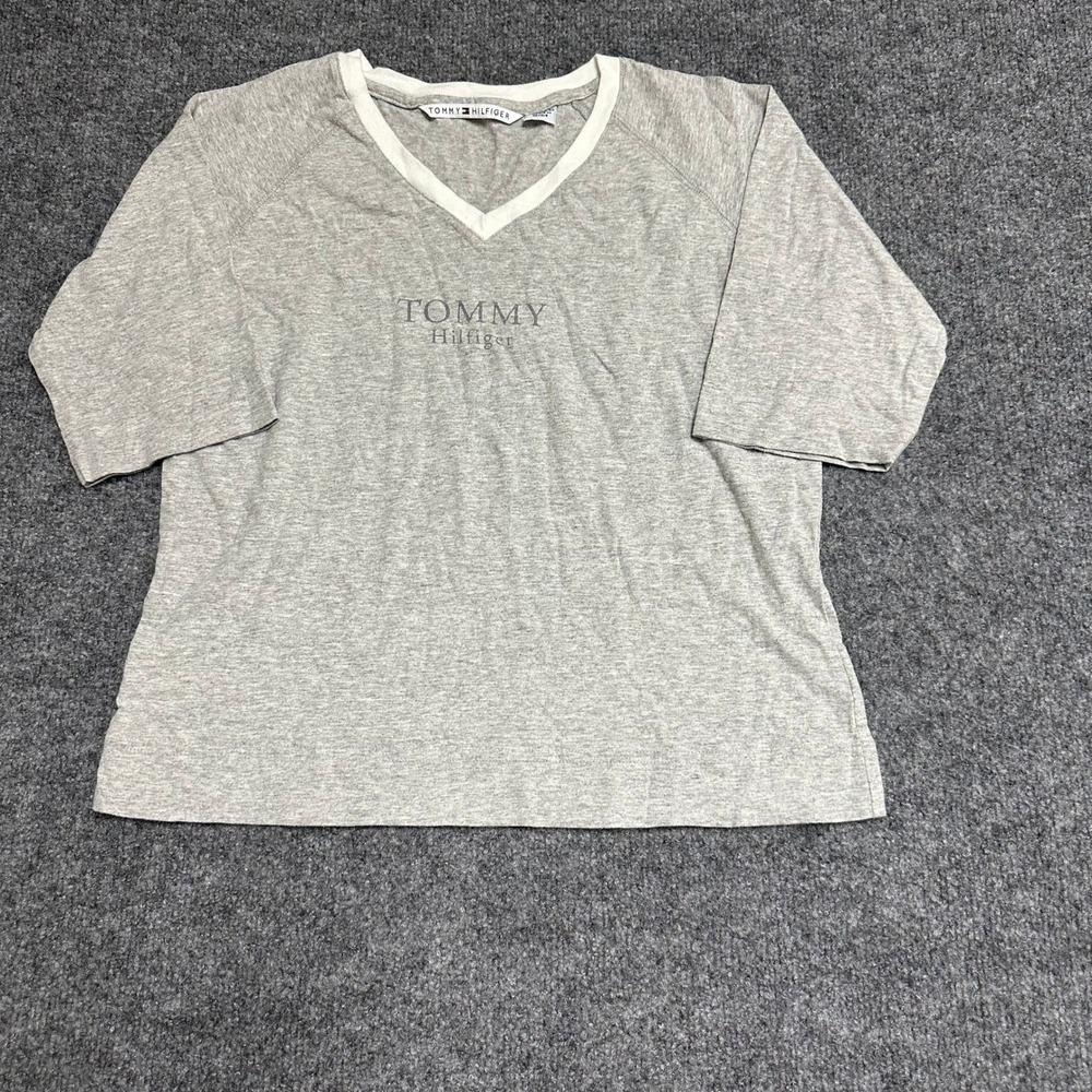 Tommy Hilfiger T-Shirt Womens Size L Gray Cotton V-Neck Raglan Sleeve Logo
